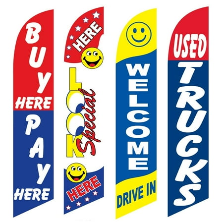 4 Advertising Swooper Flags Buy Pay Here Look Special Here Welcome Drive In Used Trucks