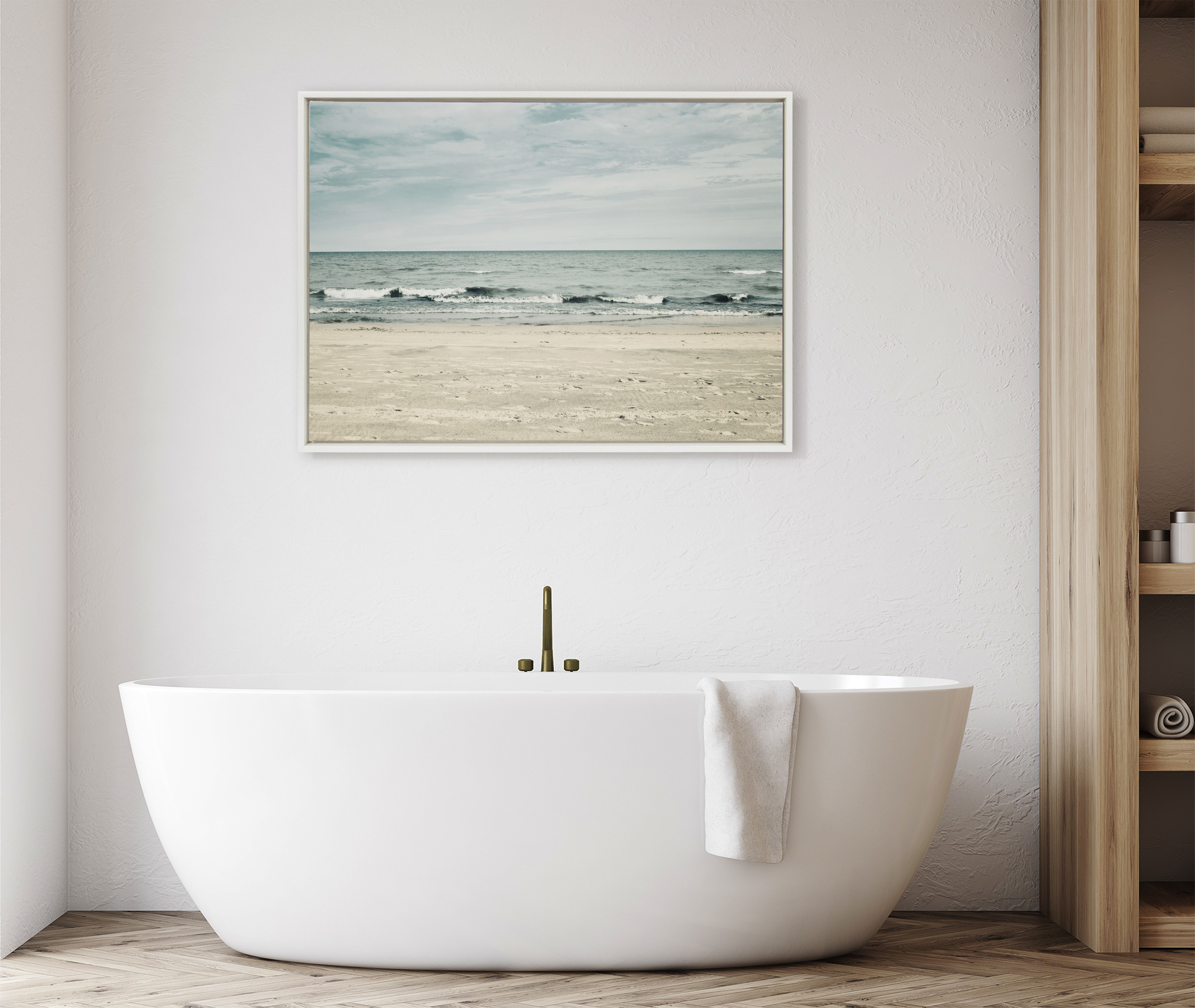 Kate and Laurel Sylvie Beach 2 Framed Canvas Wall Art by Emiko and Mark Franzen of F2Images, 28x38 White, Decorative Coastal Art Print for Wall