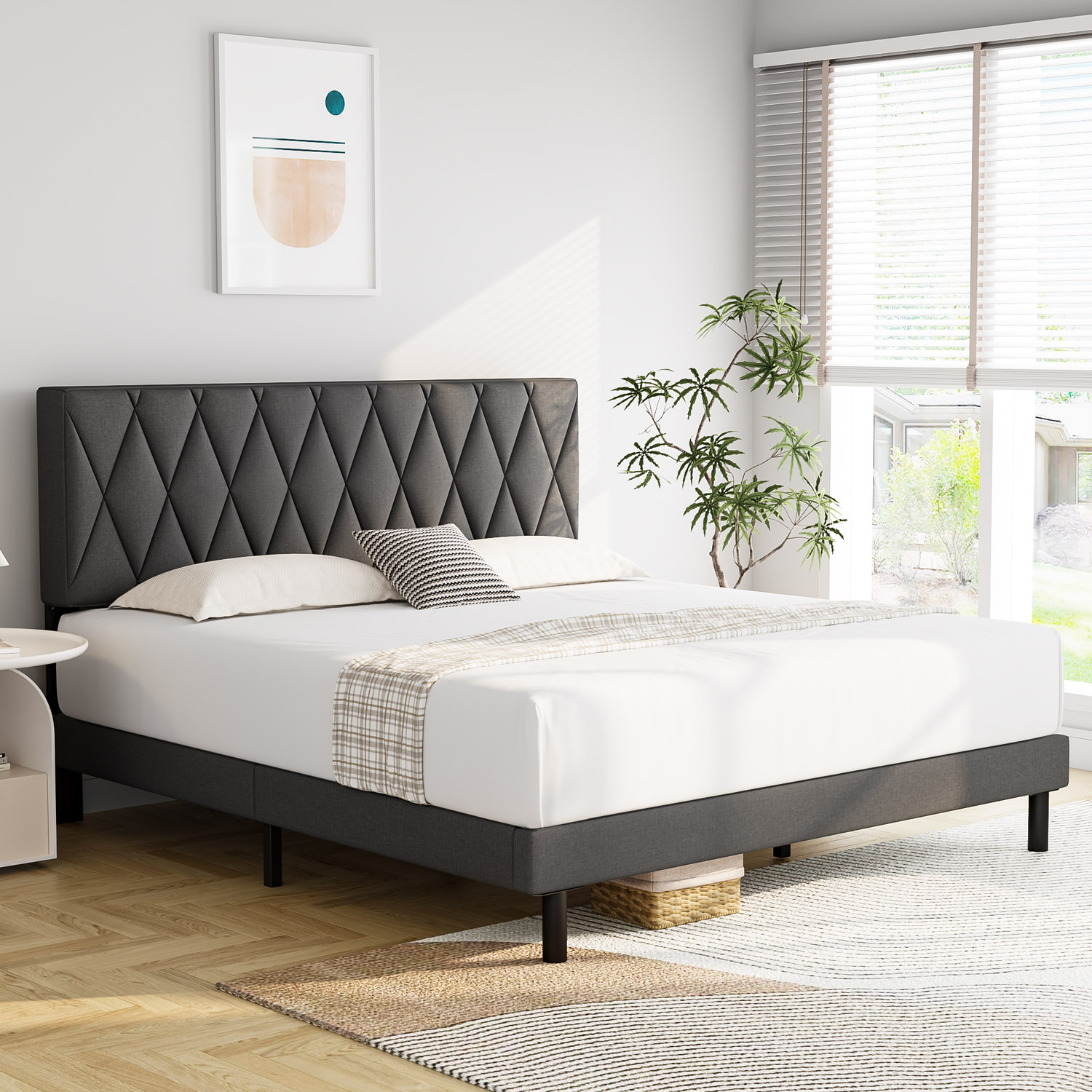 HAIIDE Sized King Upholstered Bed Frame with Headboard, Wooden Slats ...