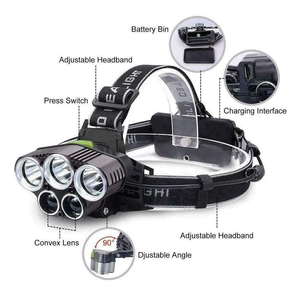 Zoom 990000LM T6 LED Headlamp Headlight Torch Rechargeable Flashlight Work Light 
