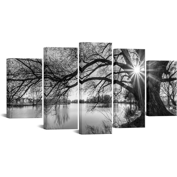 5 Pieces Wall Art Old Tree by Lake Picture Canvas Prints Sunrise Painting Black and White Landscape Canvas Art Modern Wall Decoration Framed and Ready to Hang