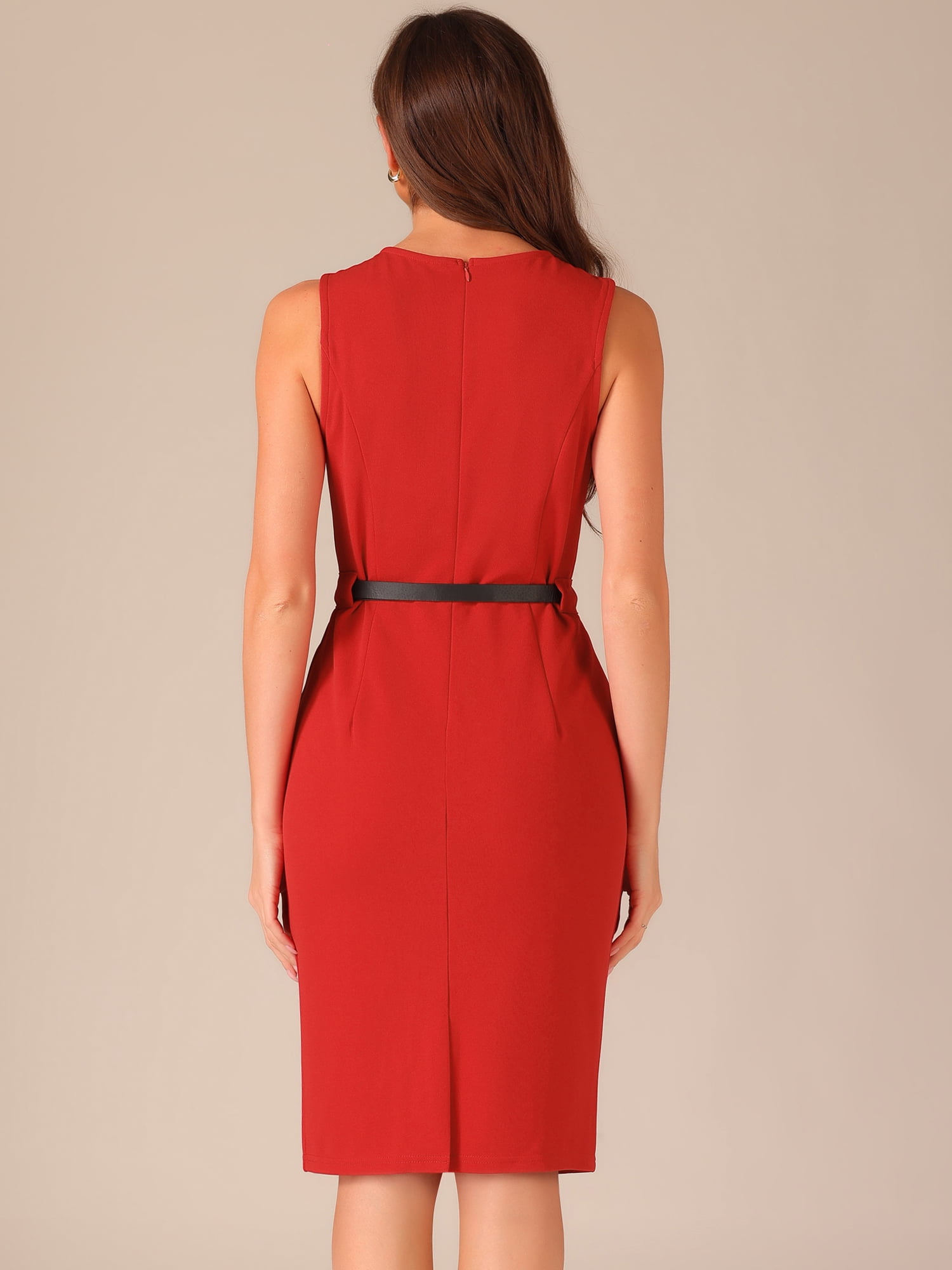 DARING DIVA Women's Belted Sheath Round Neck Sleeveless Dresses L Red