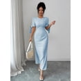 thumbnail image 5 of Blue Summer Womens Solid Color Round Neck Petal Sleeve Elegant Maxi Dress, 5 of 7