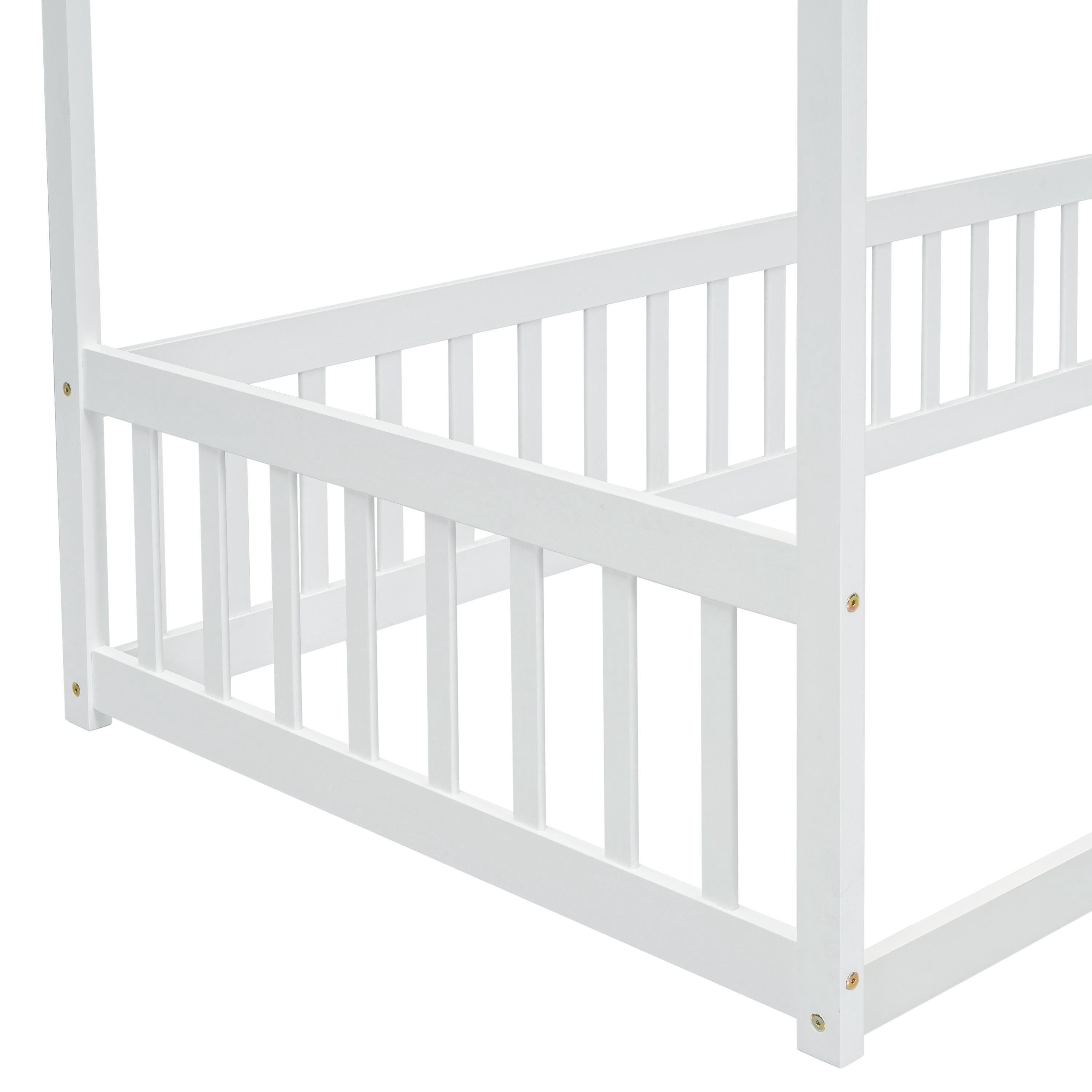 PORKISS Kids Montessori Floor Bed, Twin Size Floor Bed with Fence and Canopy for Girls Boys, White