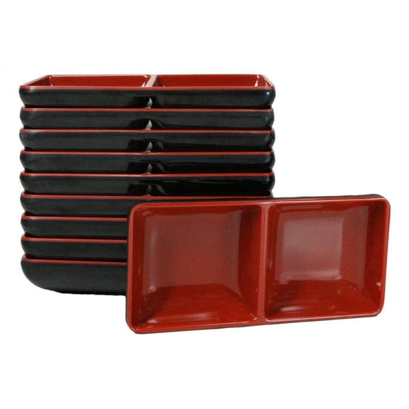 Pack Of 10 Red And Black Melamine Dipping Sauce Or Condiment 2 Partition Dishes