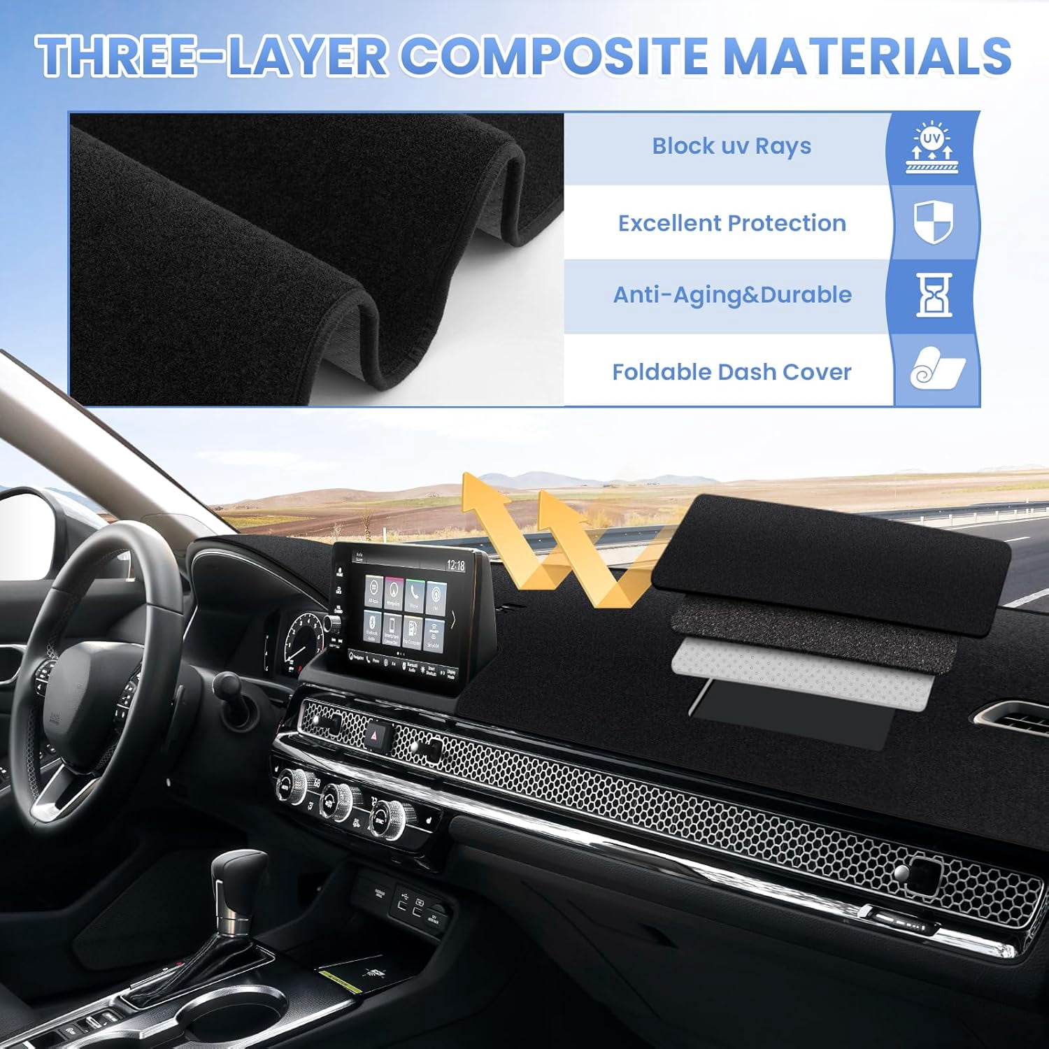 Canvcle Civic Dash Cover for 2025 2024 2023 2022 Honda Civic Dashboard Cover Mat for Civic 11th Gen. Accessories Sun Shade Non-Slip Dashboard Protector