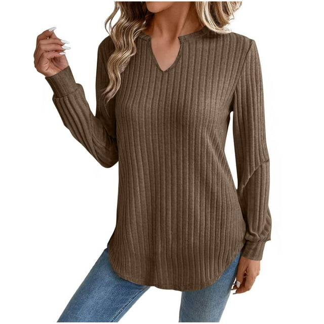 BLVB Long Sleeve Shirts for Women V Neck Dressy Casual Sweaters Basic Ribbed Knit Fall Fashion Pullover Tunic Tops