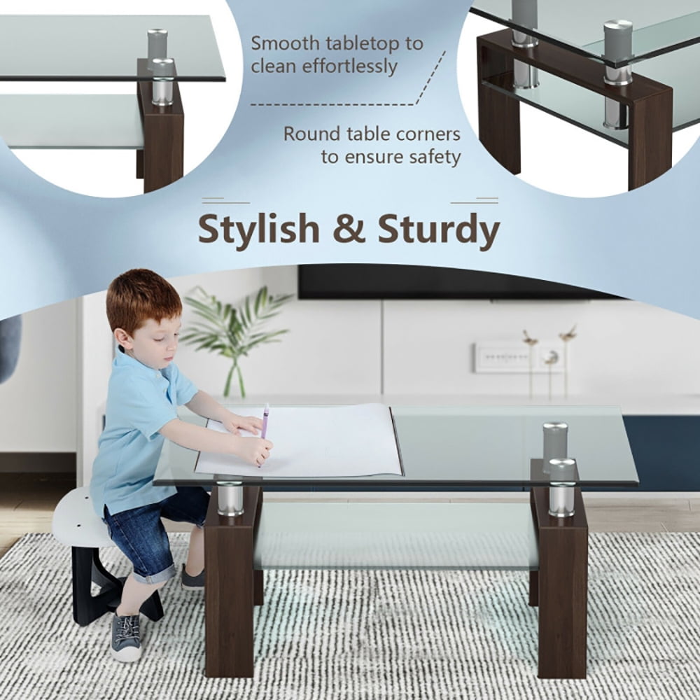 Finihen Glass Coffee Table, Rectangular Coffee Table, Rectangle Glass Coffee Table with Metal Legs, for Living Room, Reception Room, Brown Finihen Glass Coffee Table, Rectangular Coffee Table, Rectangle Glass Coffee Table with Metal Legs, for Living Room, Reception Room, Brown