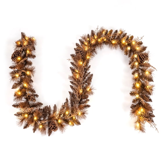 Gymax 9FT Pre-Lit Artificial Christmas Garland w/140 PVC & Pine Needles Pine Cones Brown