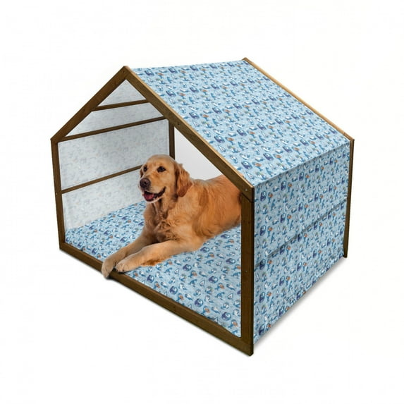 Sea Animals Pet House, Seal Pup Aquatic Wildlife Friendly Hugging Water Bubbles, Outdoor & Indoor Portable Dog Kennel with Pillow and Cover, 5 Sizes, Blue White Marigold, by Ambesonne