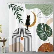 HVEST Mid Century Boho Shower Curtain for Bathroom,Funny Black Cat on Gold Moon and Green Leaf Minimalist Fabric Shower Curtain with Hooks,Abstract Geometric Bathroom Curtains Shower Set, 69x70 inches