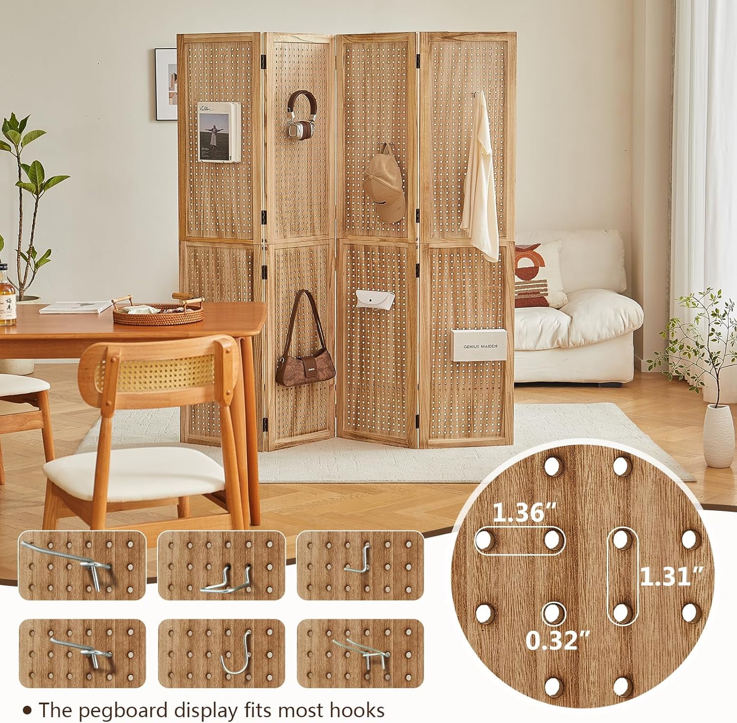 4 Panel Wooden Room Dividers, 5.6FT High Plug-in Folding Screen Made of Natural Wood, Pegboard Display for Bedroom and Shopping Malls and Jewelry Stores, Light Brown