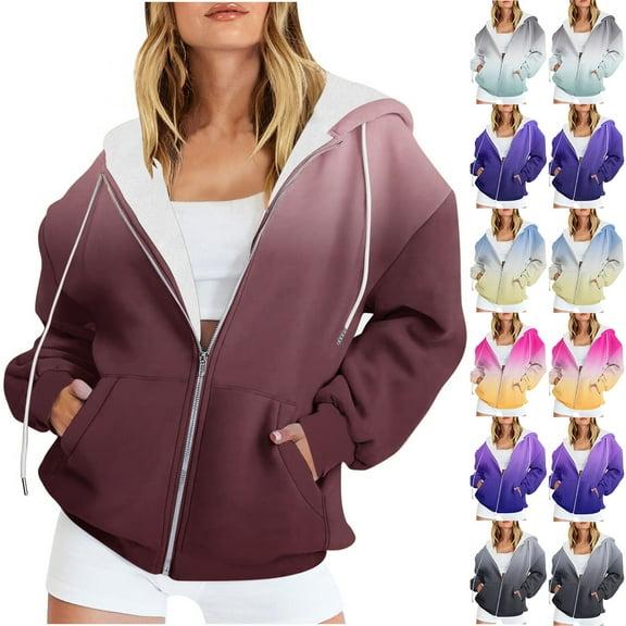 Pxxlle Women's Plus Size Zip Up Hoodie Sweatshirts Trendy Gradient Graphic Hoodies Fall Long Sleeve Oversized Sweatshirt with Pockets Light Blue S