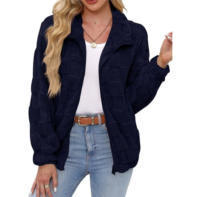 Chaqueta Suave y Cálida con Cremallera y Larga para Mujer Azul Marino M