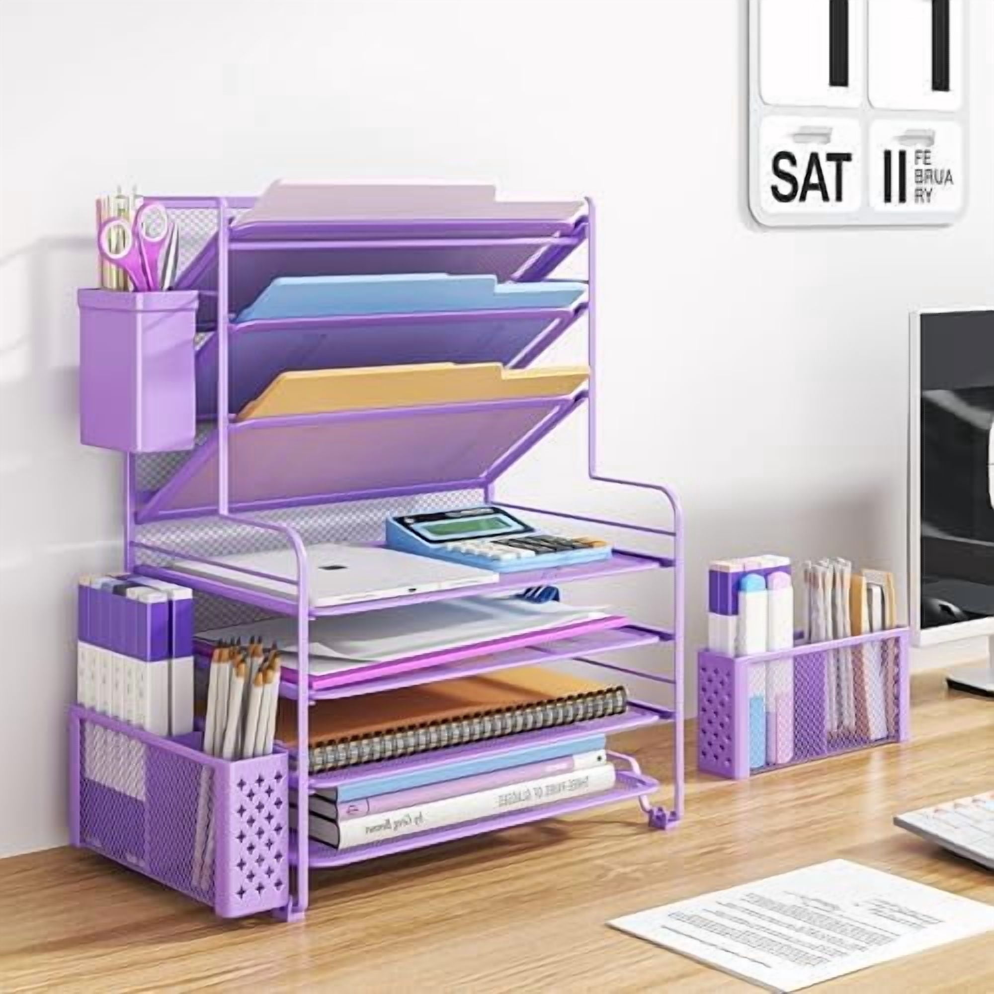 7 Tier Desk File Organizer, Letter Tray Paper Organizer with Pen Holder and Metal Hanging Basket, Purple