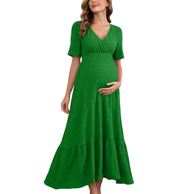 XiYing Robe d'Été, Robe de Maternité Unie à Manches Courtes à Volants pour Photographie de Soirée, Style Moulant à Col en V (P-2TG),