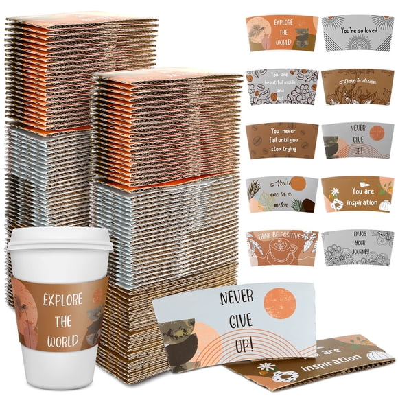 Dingion 500 Pack Coffee Cup Sleeves Corrugated Cardboard Motivational Disposable Sleeve for Inspiring Cold or Hot Beverage Chocolate Coffee Tea, Fits 12oz 16oz Paper Cups