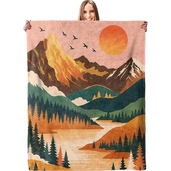 Sunset Mountain Blanket, Soft Lightweight Warm Cozy Flannel 80×60 inch Scenic Landscape Lake Pine Forest Throw Blanket for Couch, Travel, Bed, Outdoor, Decor, Gifts for Women Men Adults Boys Kids