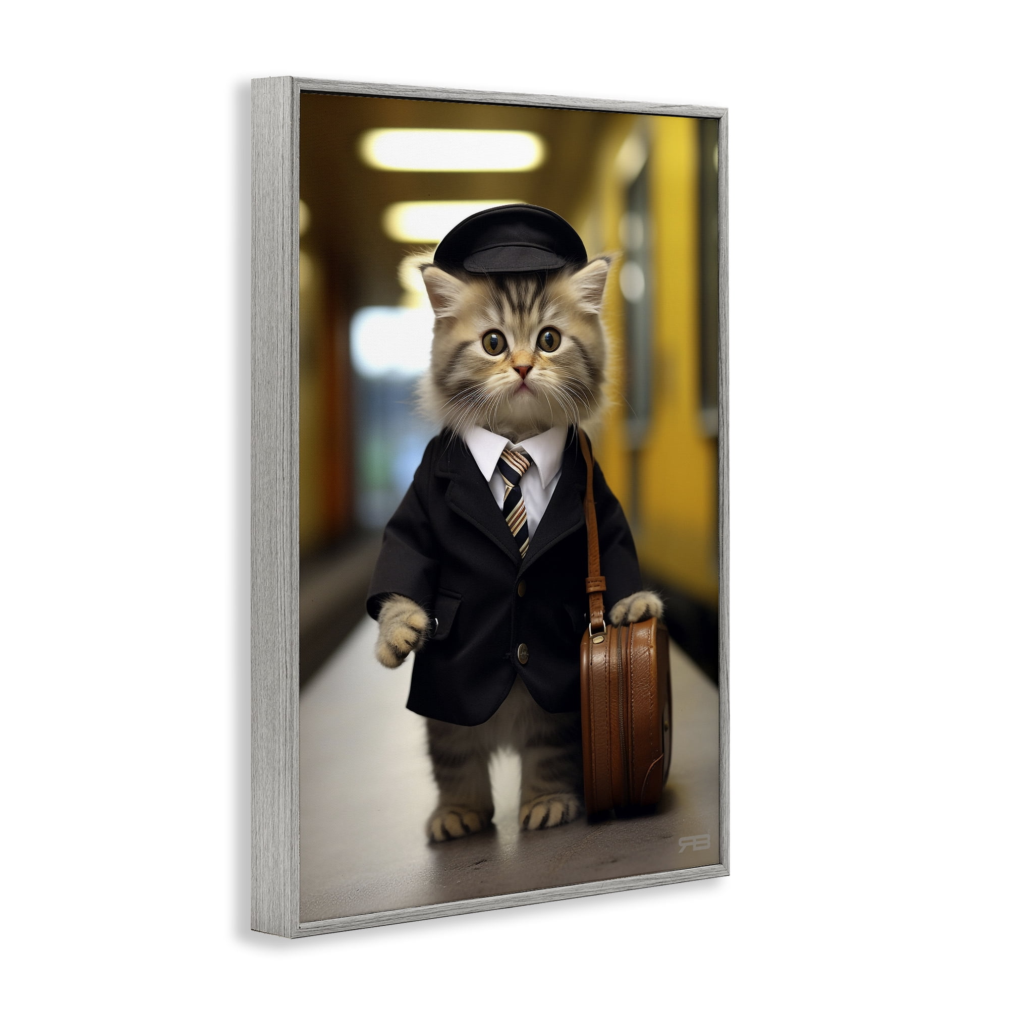 Stupell Industries Traveler Kitten & Briefcase Novelty Painting Gray Framed Art Print Wall Art, 12 x 18