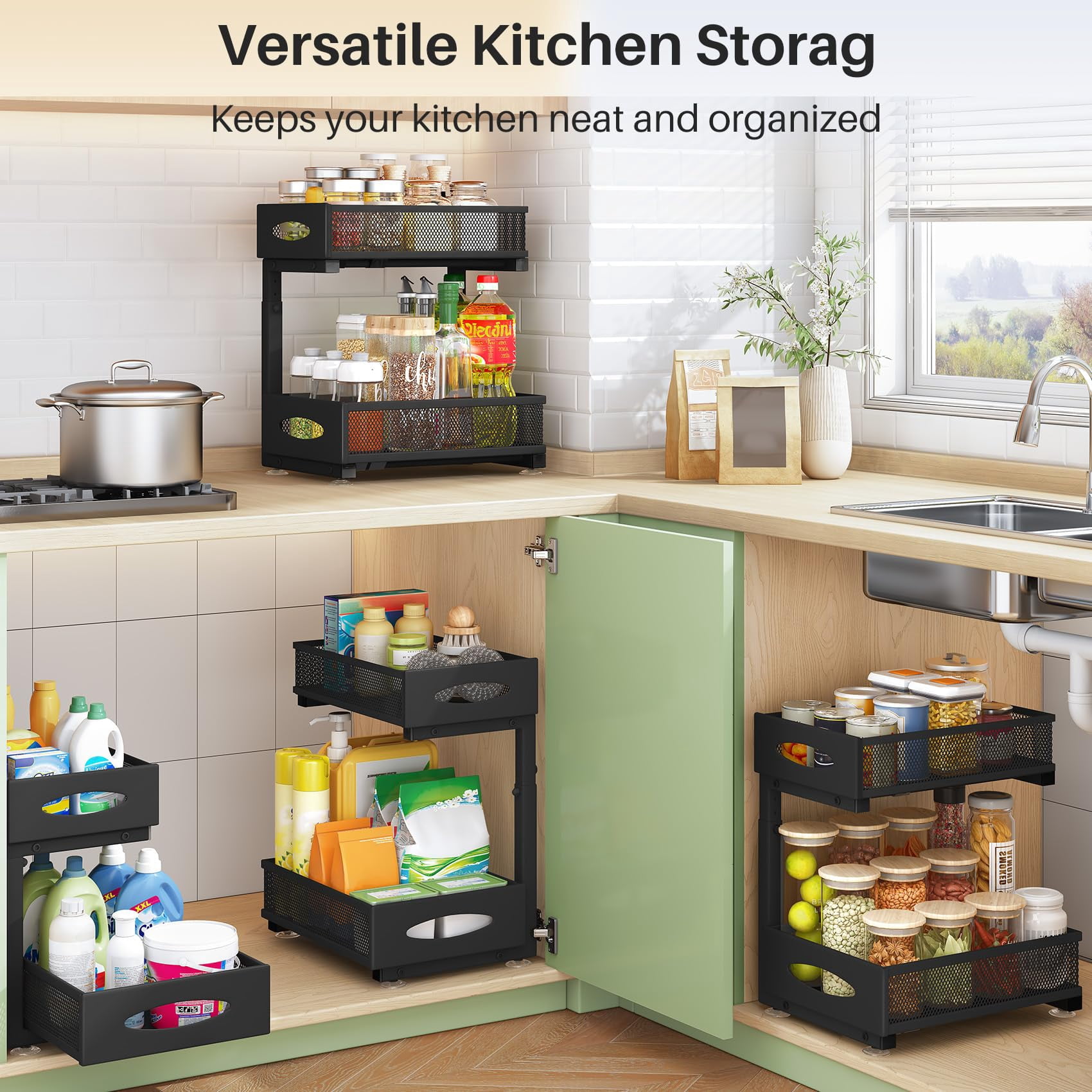 Under Sink Organizer  2 Tier Pull Out Cabinet Baskets With Sliding Drawers Slide Storage Shelf For Home Kitchen Bathroom Pantry Office Countertop(1 Pack)