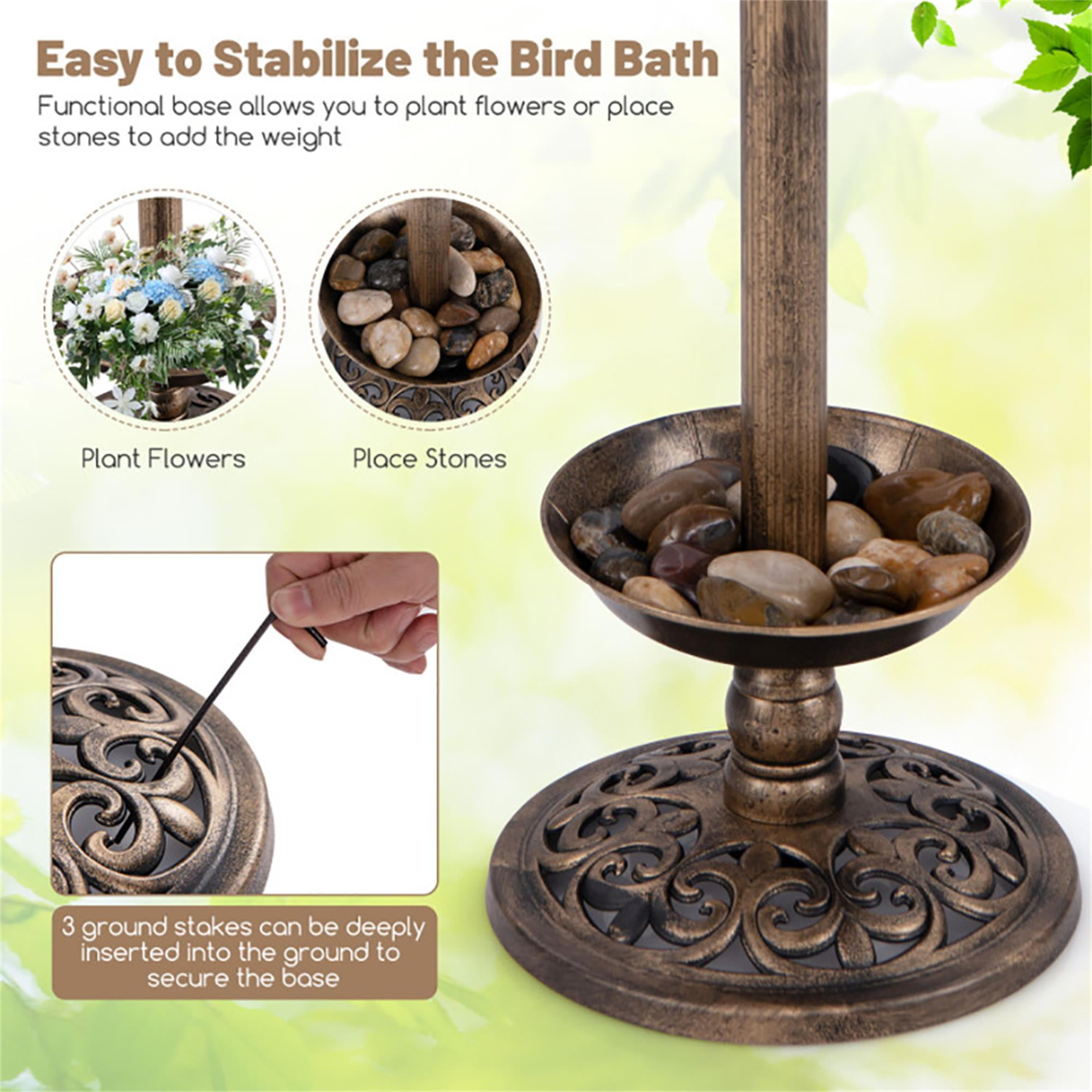 resenkos 30" Outdoor Garden Bird Bath with Solar Light, Weather Resistant Pedestal, Backyard Bird Feeder and Flower Planter, Brown