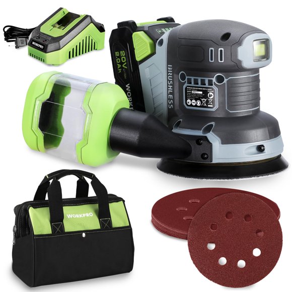WORKPRO Cordless Random Orbital Sander Brushless 6 Variable Speeds 6000 to 12000 OPM, 20V 5in Electric Orbit Sander for Woodworking with Battery, Cha