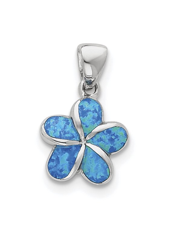 Sterling Silver Created Blue Inlay Opal Flower Pendant Charm