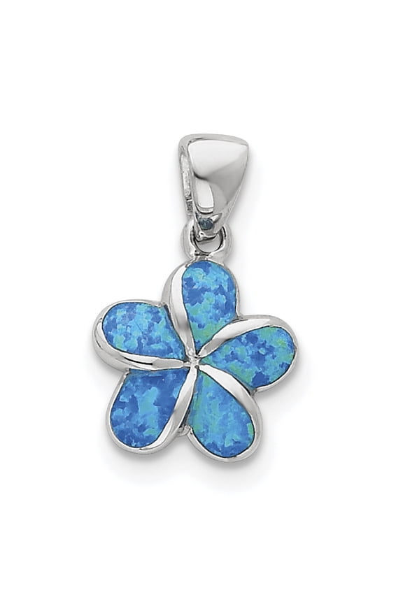 Sterling Silver Created Blue Inlay Opal Flower Pendant Charm