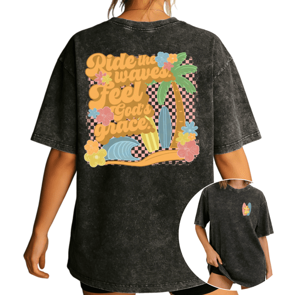 Women's Vintage "Ride The Waves Feel God's Grace" Beach Christian Graphic Breathable Washed T Shirt Black S-2XL Plus Size