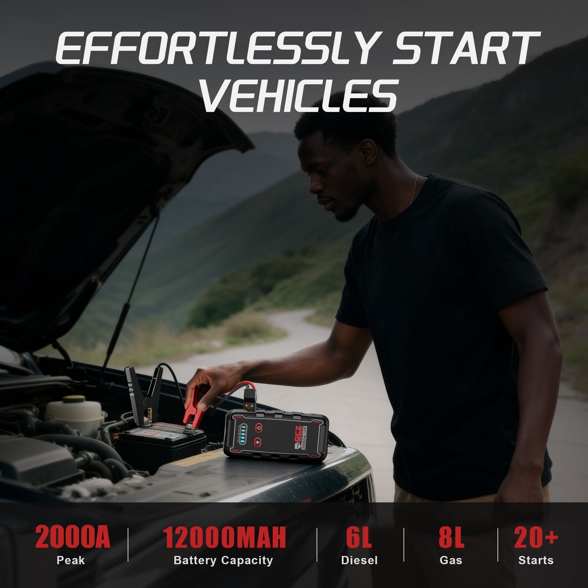 GCZ 2000A Car Jump Starter, Portable Jump Box for Trucks, SUVs & Cars, 12V Battery Booster for Up to 8.0L Gas & 6.0L Diesel Engines, 12000mAh Power Bank with LED Light