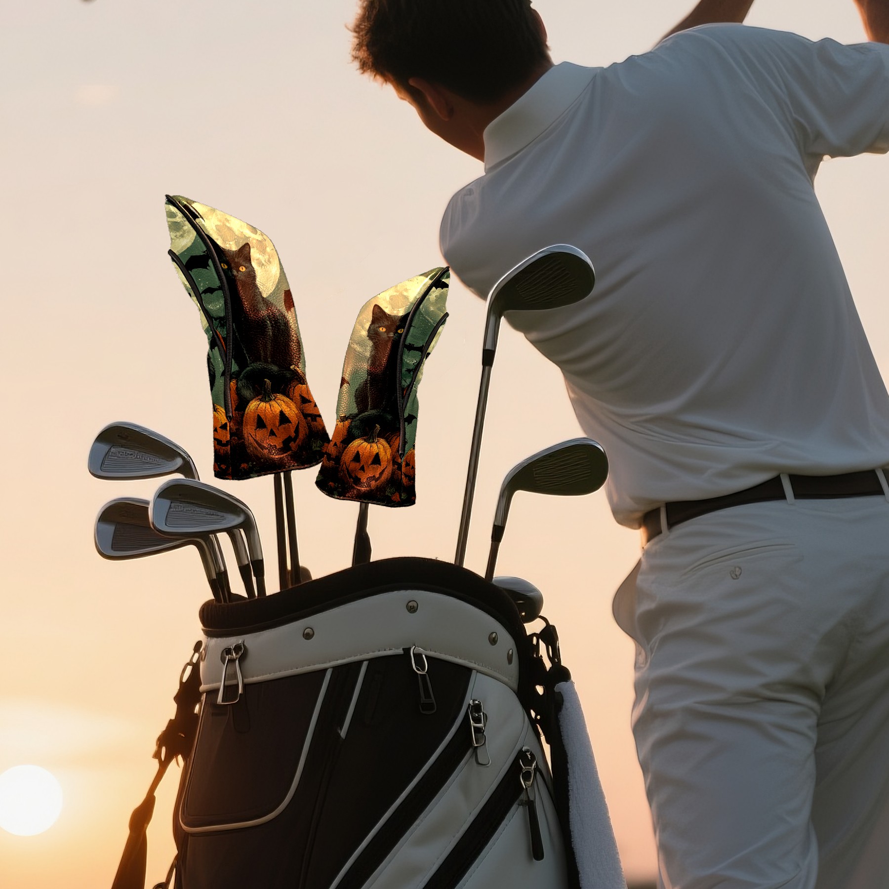 Golf Club Covers PU Leather Waterproof Head Covers for Fairway Woods Hybrids Cat In The Night