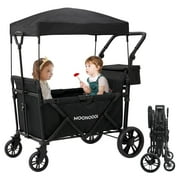 Foldable Wagon Stroller for 2 Kids with UV-Protection Canopy, Travel Push and Pull Stroller Collapsible Quad Stroller Wagon Baby with 5-Point Harnesses, 12" All-terrain Wheels