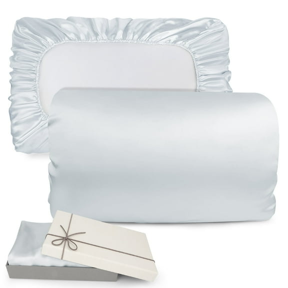 EEEkit 2Pcs Satin Silky Pillowcase with Gift Box, Queen 30x20" Elastic Band Closure, Xmas Gift, Light Grey