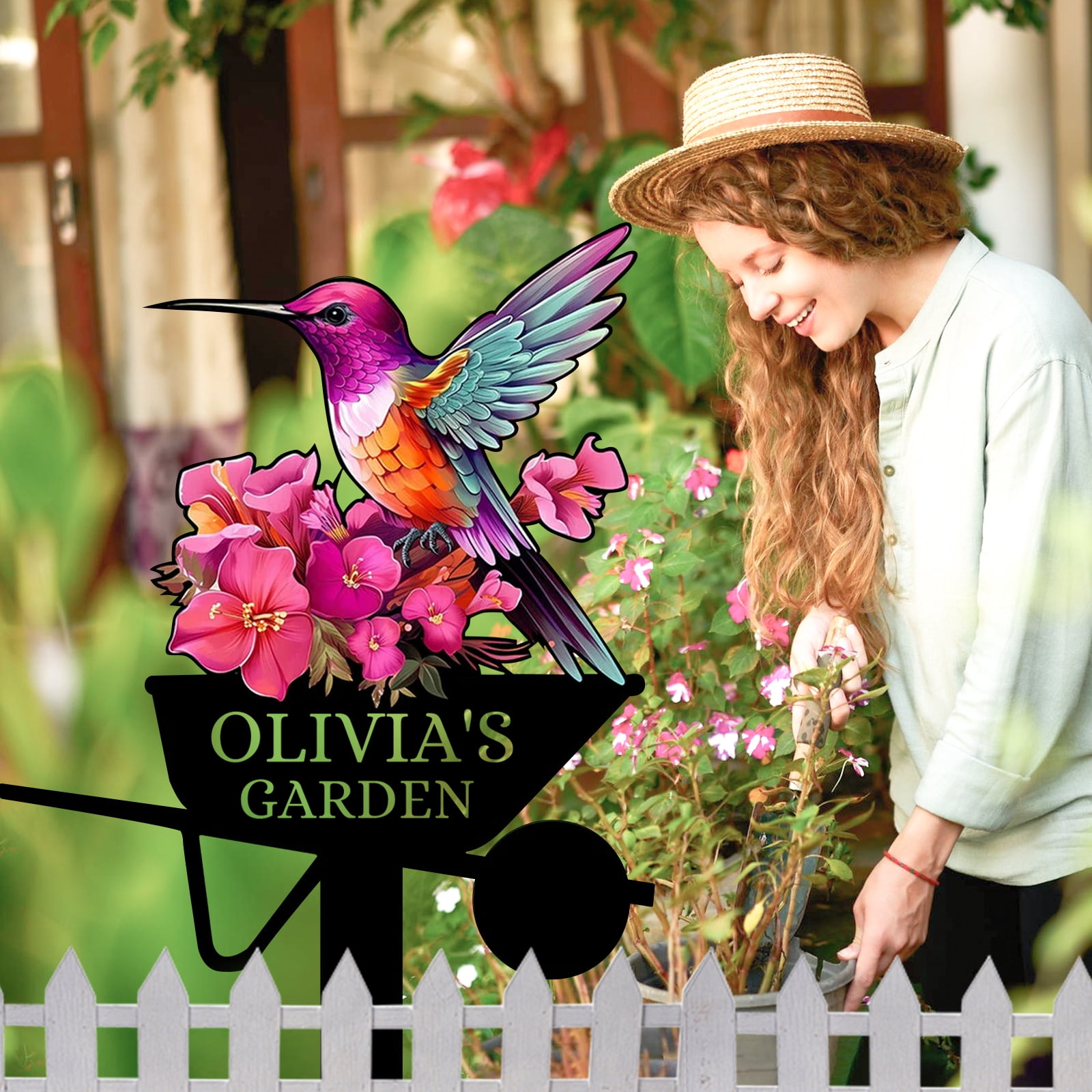 Personalized Garden Sign, Colorful Bird Metal Signs Customized, Personalized Garden Stake Metal Sign, Custom Flowers Bird Garden Name Sign Yard Sign, Garden Art Outdoor Decor for Patio(10inches)