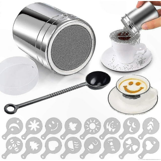 Stainless Steel Cocoa Sifter with Lid and 16 Templates for Powdered Chocolate