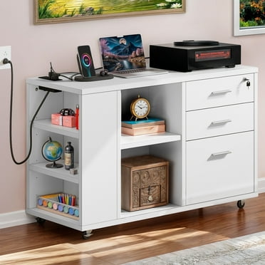 ModFusion Filing Cabinet: Lockable Drawer, Charging Outlet, Adjustable Shelf, Hanging Bar, 1x3x2 ft, Mobile Home Office Storage, Printer Stand, White