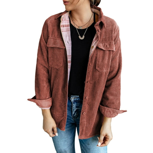 Dokotoo Women's Reversible Corduroy Shirt Jacket Button Down Long Sleeve Casual Shacket Jacket with Pockets S-XXL