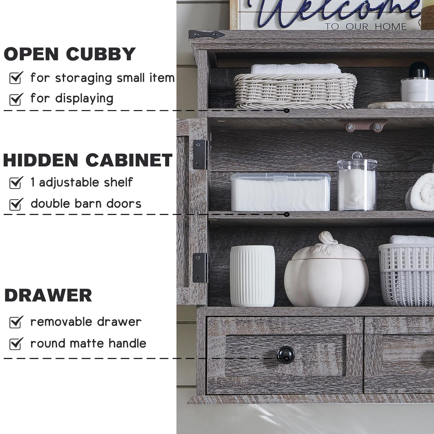 Garvee Bathroom Wall Cabinet, Farmhouse Medicine Cabinet, 24" Wide Cabinet with Drawer, Adjustable Shelf, Double Barn Doors, Storage Cabinet for Bathroom, Kitchen, Living Room Gray