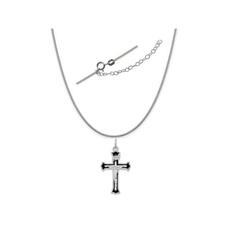 Sterling Silver Anti-Tarnish Treated Enameled INRI Crucifix Charm on a Box Chain, 18