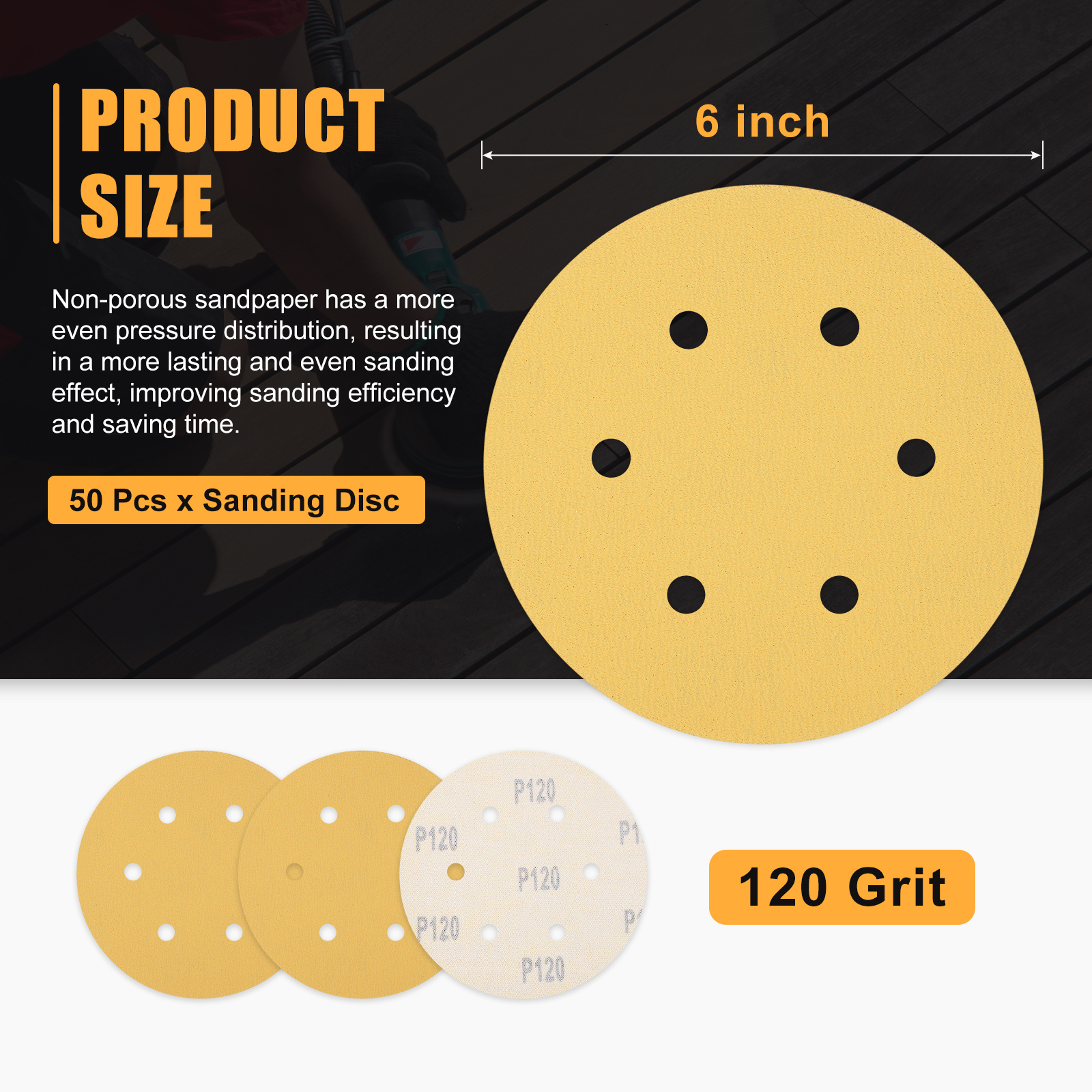 50 Pack 6 Inch Sanding Disc 120 Grit 6 Hole Round Hook and Loop Sandpapers Fit for Random Orbital Sander Automotive or Cars Repairing, Grinding or Polishing, Yellow