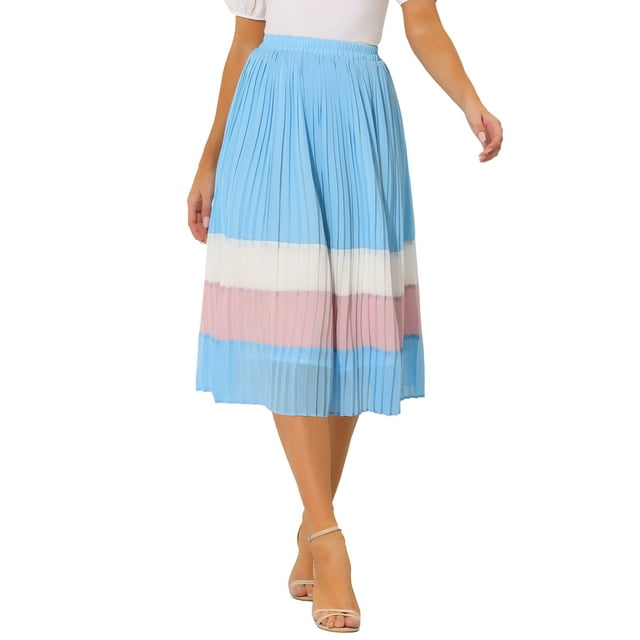 INSPIRE CHIC Women's Color Block A-Line Pleated Midi Skirt Light Blue XS