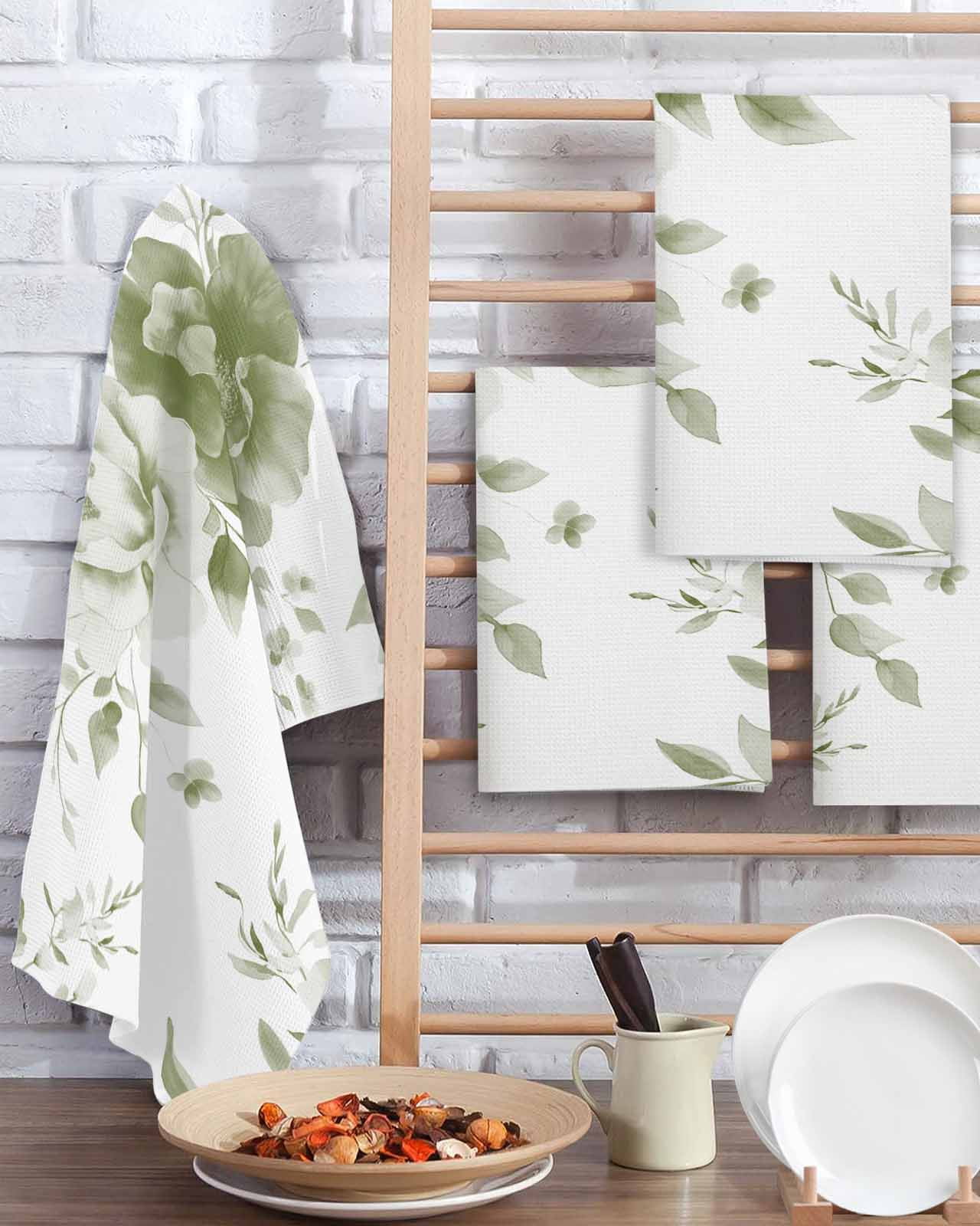 Green Floral Art Kitchen Dish Towels for Drying Dishes Set of 2, Watercolor Botanical Spring Flowers Waffle Weave Microfiber Terry Hand Tea Bathroom Towels Quick Dry & Absorbent Towel 15.7x23.6