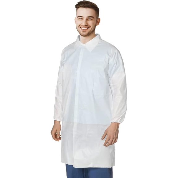 White Disposable Lab Coat Women and Men, Pack of 10 X-Large Disposable Lab Coats for Adults, 40 gsm SMS Lab Coat Disposable with Elastic Wrists, Sturdy Painting Lab Coat No Pocket