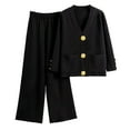 thumbnail image 2 of Women Knit 2 Pieces Sets V-Neck Cardigan Tops Wide Leg Pants Sets Button Down Sweater High Waist Trouser Loungewear (Black Free Size), 2 of 5