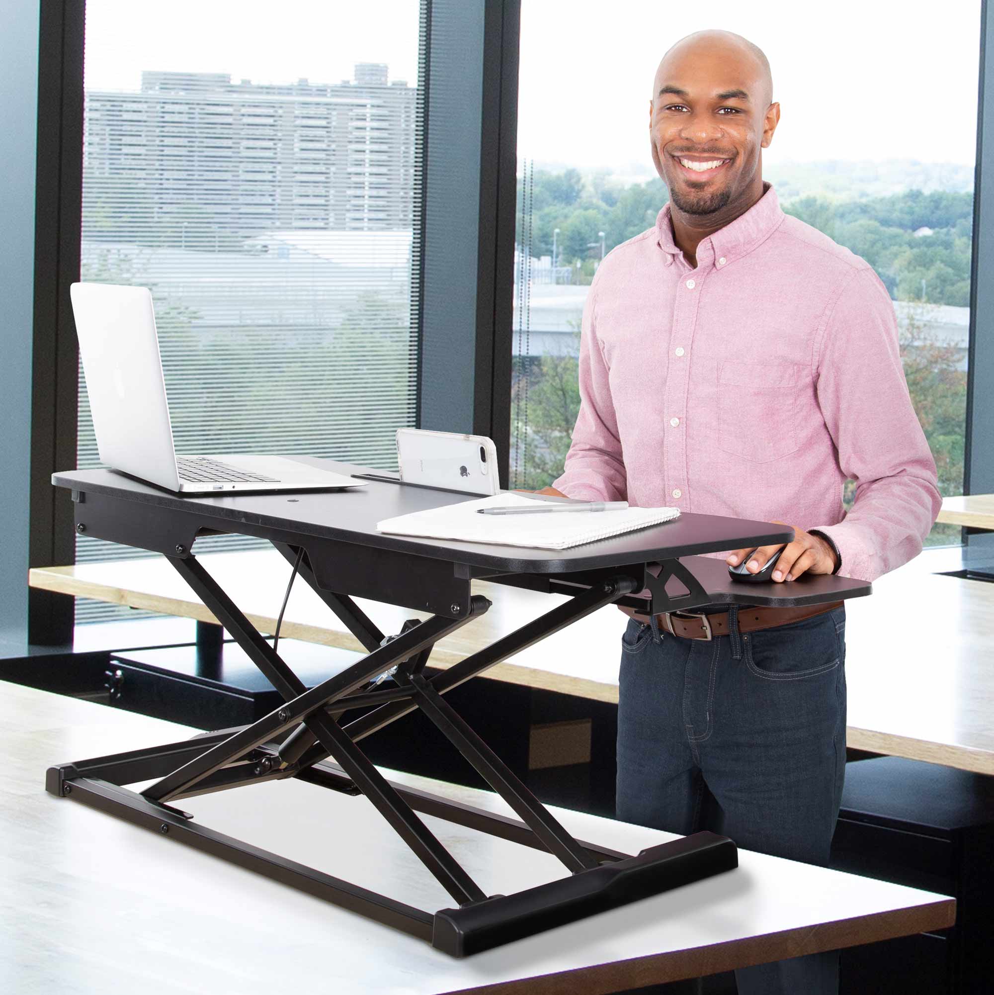 Flexpro Hero 32 Inch Standing Desk | 2 Level Standing Desk Converter with Keyboard Shelf and Monitor Riser | Large Dual Level Sit to Stand Workspace | Easily Sit or Stand in Seconds! (Black / 32")