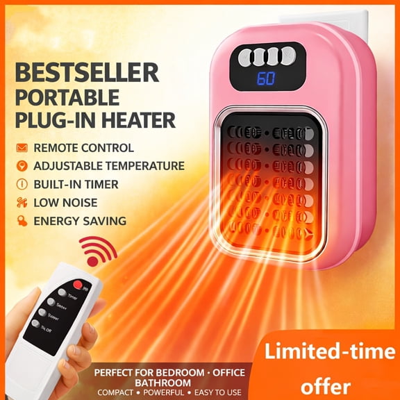 600W Wall Socket Electric Heater with Remote Control - Compact Space-saving Heater, LED Display Adjustable Thermostat Timer for RV Home Office Bathroom