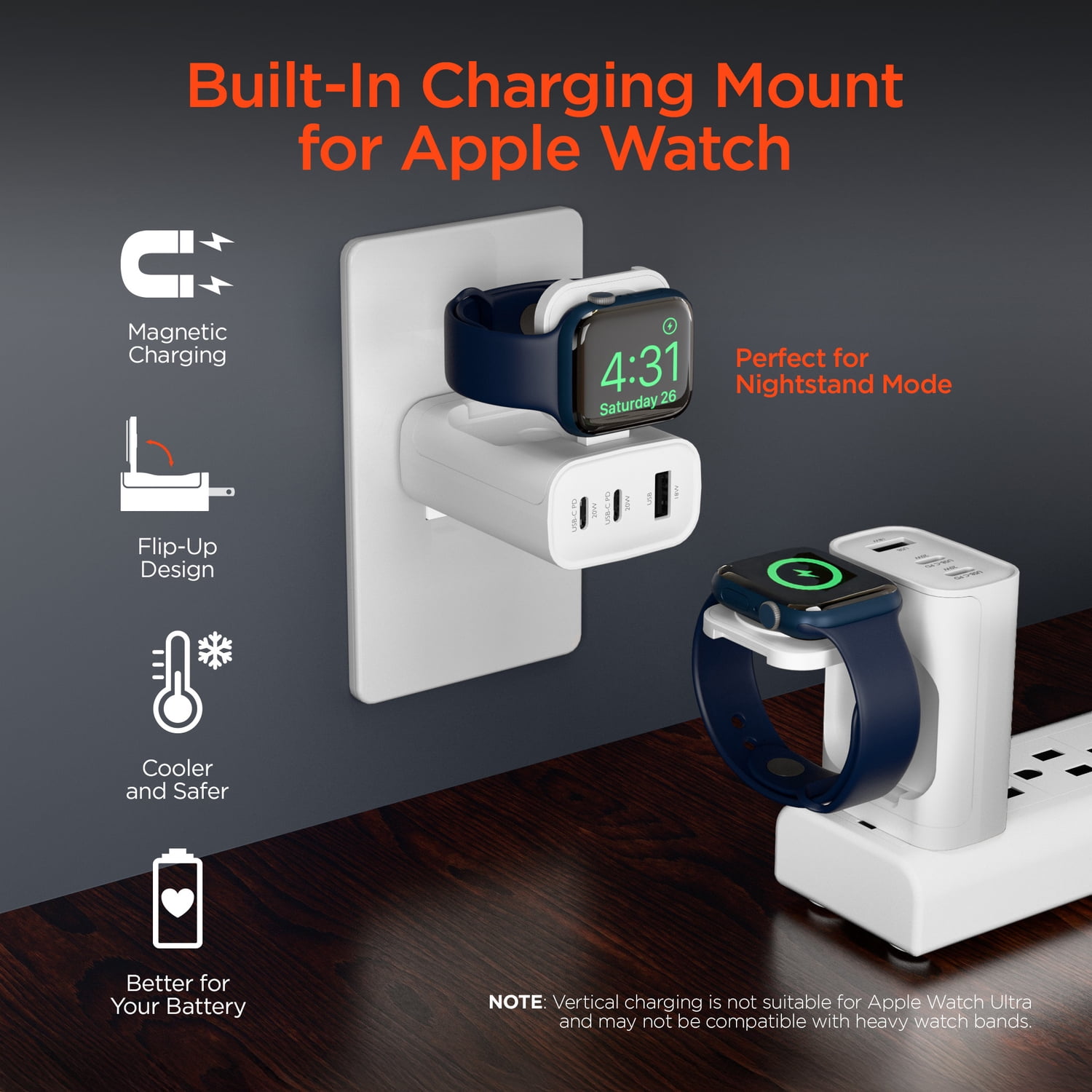 HyperGear SpeedBoost 43-Watt 3-Port USB Wall Charger with Built-in Apple Watch Charger