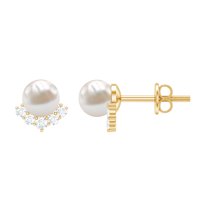 Rosec Jewels Elegant Freshwater Pearl Stud Earrings with Diamond for Women - AAA Grade, 10K Yellow Gold
