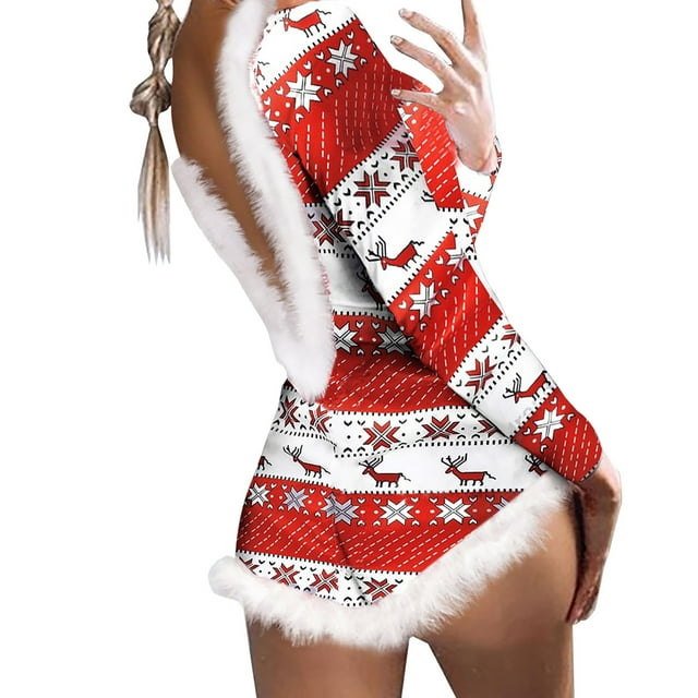 Pijamas Navideños Para Mujer Monos Delanteros Con Adorno de Plumas Onesie Home Wear Pijamas Siameses Con Estampado Navideño Odeerbi ODB201235