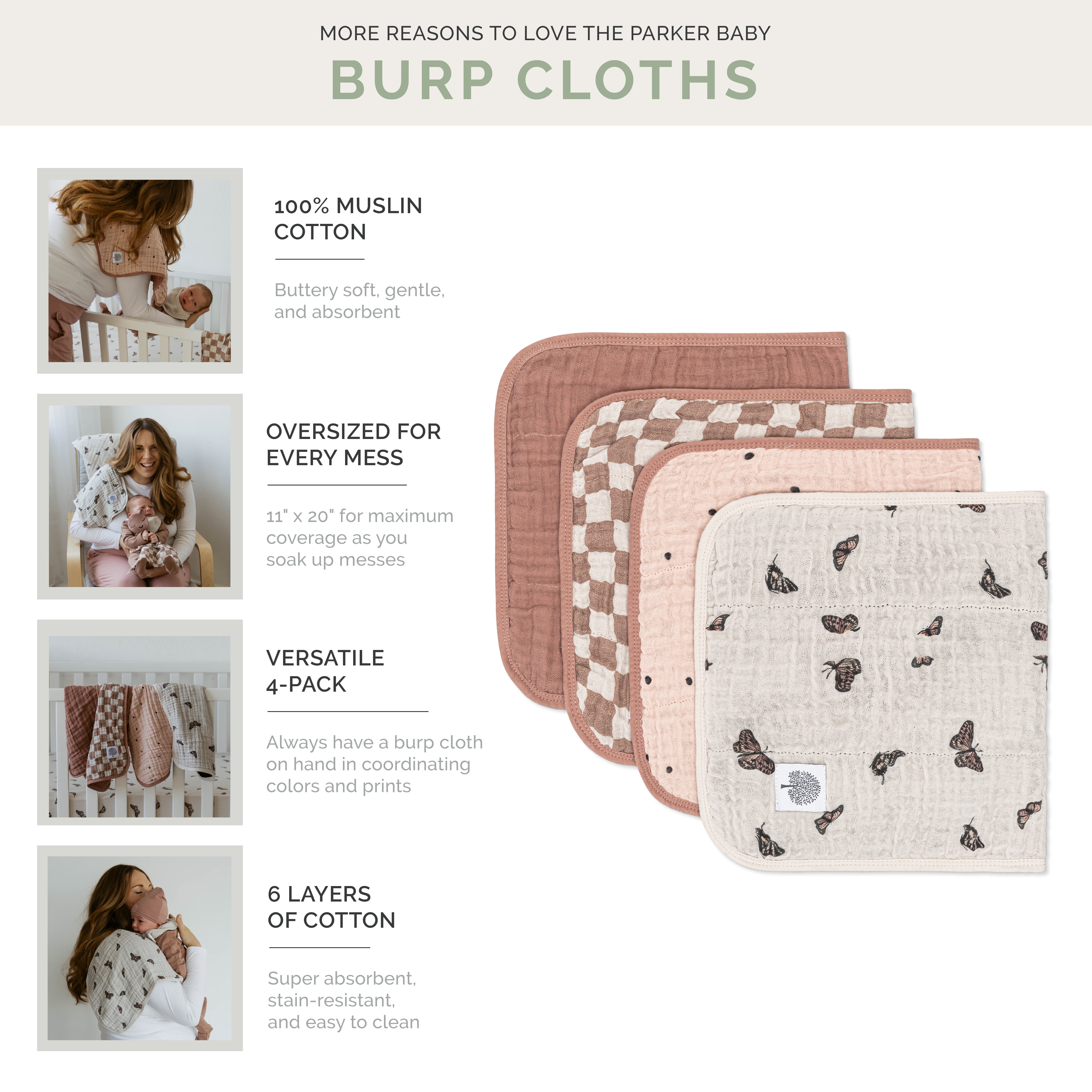 Parker Baby Co. Muslin Burp Cloths, 100% Cotton, Large, Soft & Absorbent Baby Burp Cloths for Girls, Butterfly Set, 4 Pack